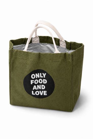 صورة Olive Green Canvas Lunch Tote – Exclusive “Only Food & Love” Edition